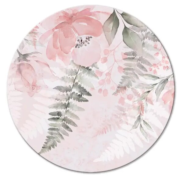 Quadro rotondo Fiori rampicanti rosa - rose e felci dipinte ad acquerello