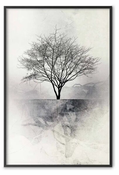 Poster: Paesaggio - albero solitario su sfondo astratto grigio chiaro