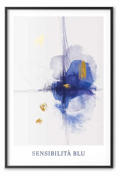Poster: Sensazione blu - acquerello con fiore e elementi dorati su sfondo grigio