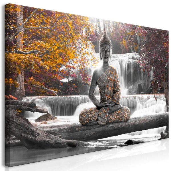 Buddha autunnale II - statua tra alberi fioriti e cascata con acqua turchese
