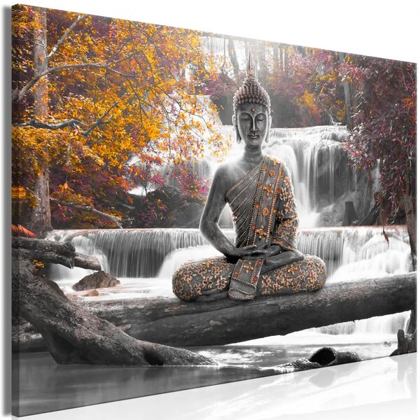 Buddha autunnale - statua tra alberi fioriti e cascata con acqua turchese