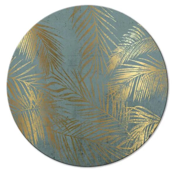 Quadro rotondo Palma d'oro - foglie di pianta su sfondo blu variante 1