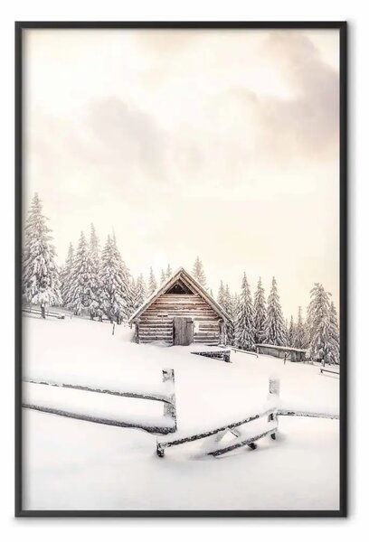 Poster: Casetta d'inverno - paesaggio dell'alba su casetta di montagna e bosco