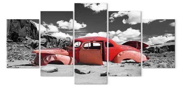 Quadro moderno Isolamento (5-parte) - auto d'epoca rossa in un'ambientazione retrò