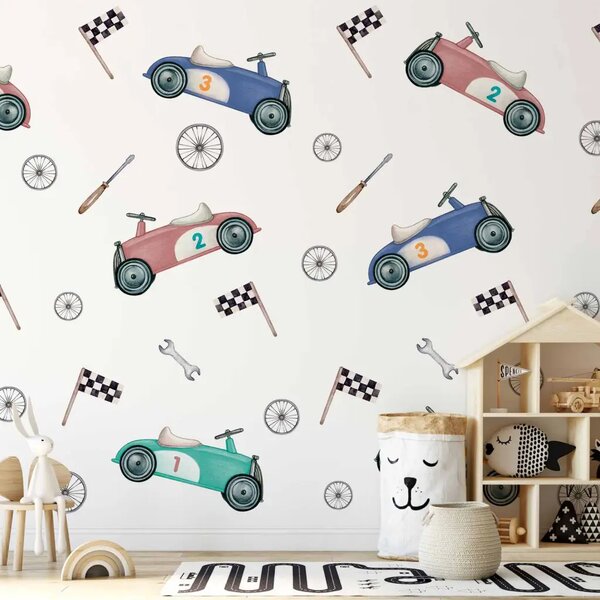 Carta da parati Automobili colorate - corridori retrò in tenui colori pastello