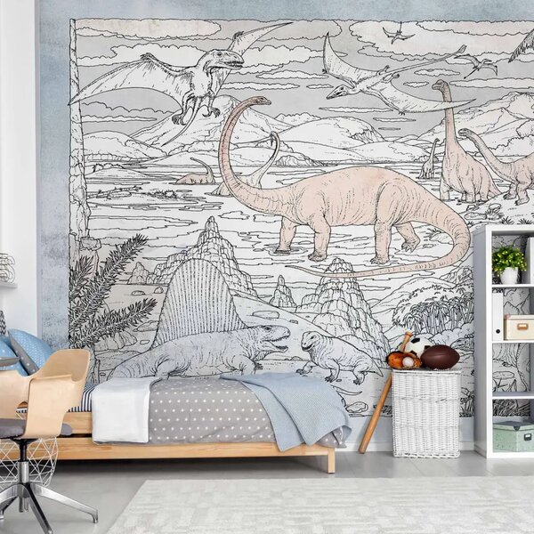 Carta da parati Jurassic world - dinosauri disegnati a mano in colori pastello
