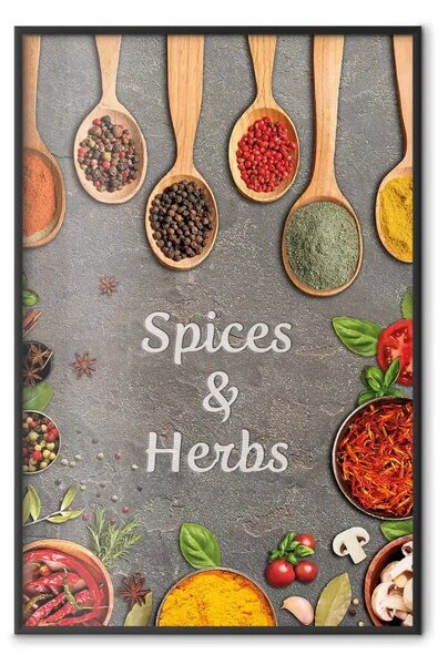 Poster: Elementi essenziali per la cucina - erbe e verdure su lastra di pietra