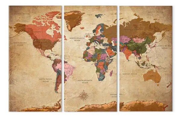 Quadro su tela Eleganza marrone (3-parti) - mappa del mondo e scritte in inglese