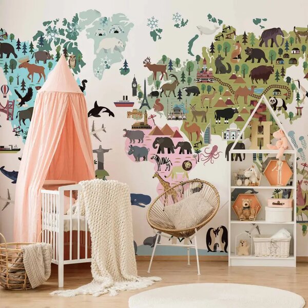 Carta da parati Merry World - mappa colorata per bambini, continenti e animali