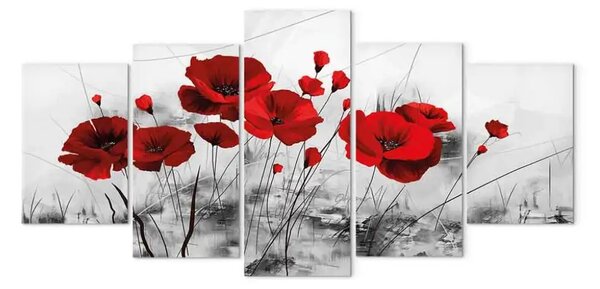 Quadro su tela Petali rossi (5-parti) - papaveri scarlatti su un campo grigio