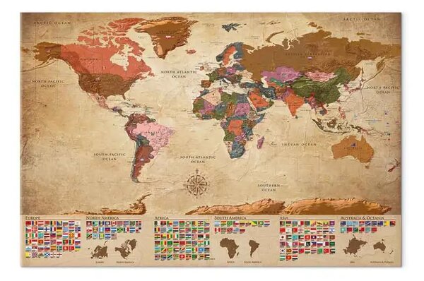 Quadro Mappa del mondo: Stile retrò - globo e bandiere degli stati