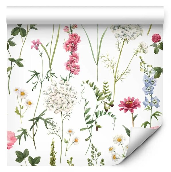 Tappezzerie Prato multicolore - fiori colorati ad acquerello su sfondo bianco