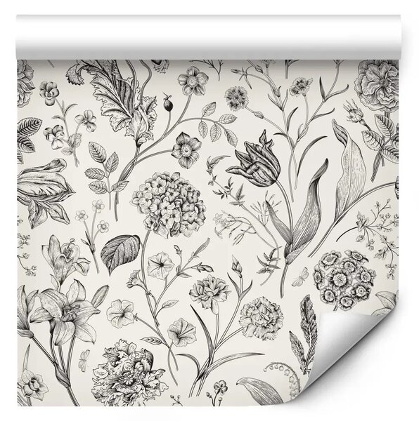 Tappezzerie Prato in stile vintage - schizzi di fiori in bianco e nero