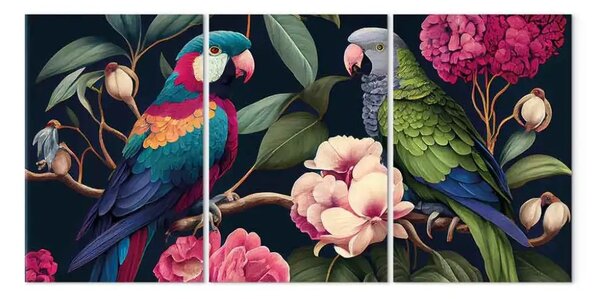 Quadro contemporaneo Uccelli tropicali - pappagalli esotici tra alberi in fiore