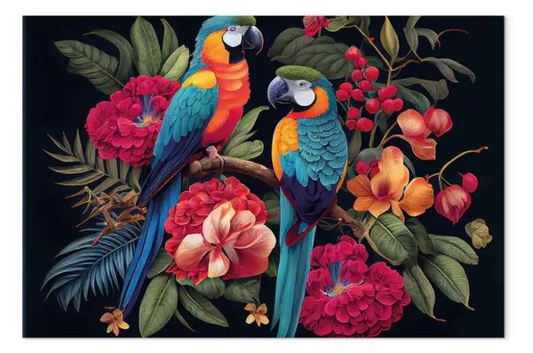 Quadro contemporaneo Uccelli esotici - pappagalli tra la vegetazione colorata della giungla