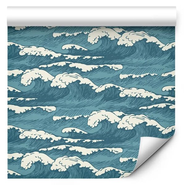 Tappezzerie Oceano turchese in tempesta - onde disegnate a mano in stile rétro