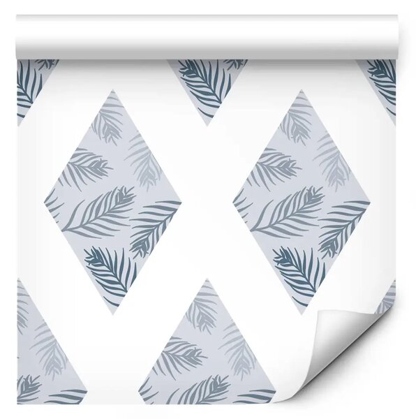 Tappezzerie Pattern - foglie di palma su rombi blu collegati da strisce bianche