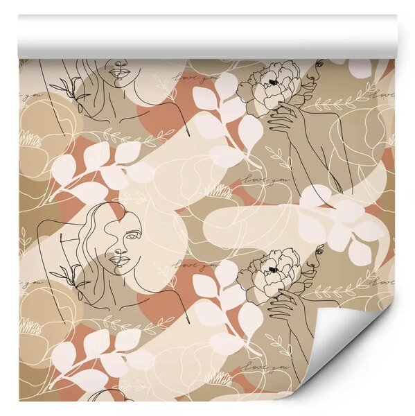 Tappezzerie Natura - schizzo di una donna, fiori e foglie su sfondo beige