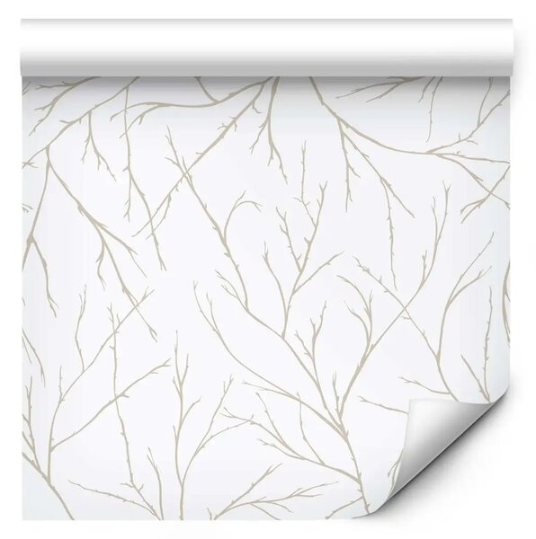 Tappezzerie Minimalismo - rami beige chiaro intrecciati tra loro su sfondo bianco