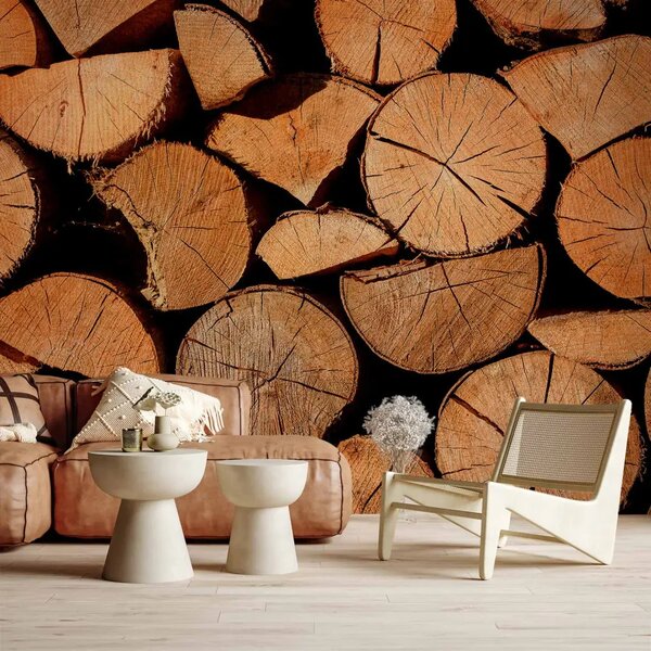 Carta da parati Legno grezzo - mucchio di alberi abbattuti con crepe visibili