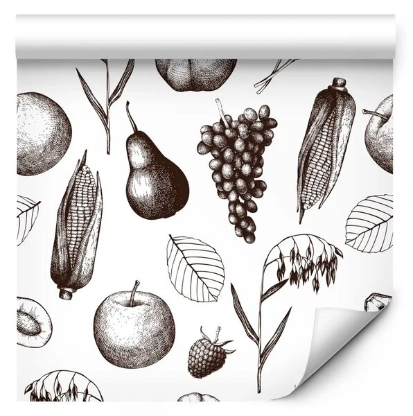 Tappezzerie Modello autunnale - schizzo monocromatico di frutta e spighe di grano