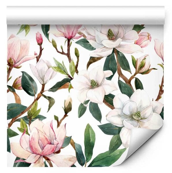 Tappezzerie Splendida magnolia - motivo di fiori bianchi e rosa sui rami