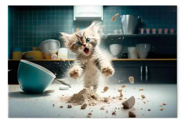 Quadro AI gatto maine coon - spaventato in cucina, orizzontale