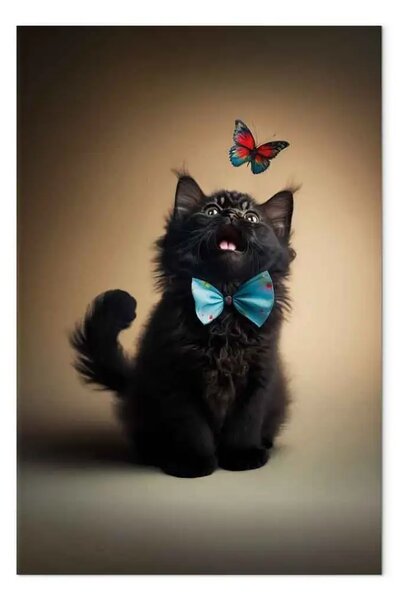 Quadro contemporaneo AI gatto - papillon guarda farfalla, verticale