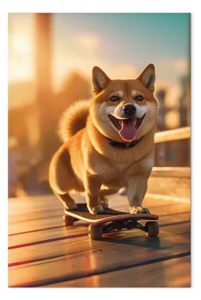 Quadro su tela AI cane shiba - sorride su skateboard, verticale