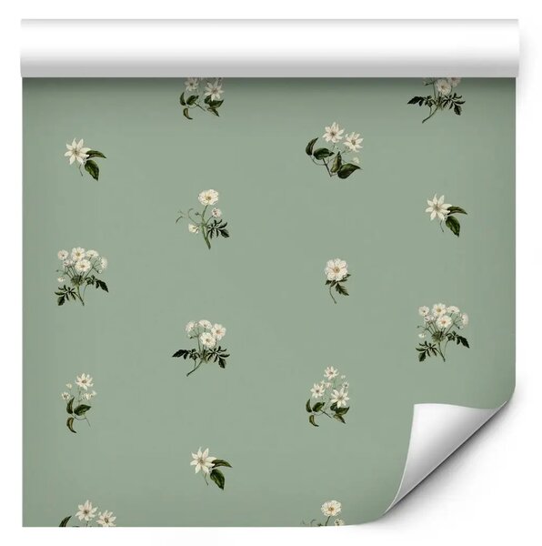 Tappezzerie Piccoli fiori - romantico motivo retrò su sfondo verde