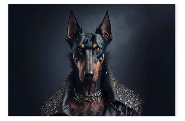 Quadro AI cane dobermann - fantasy rock, orizzontale