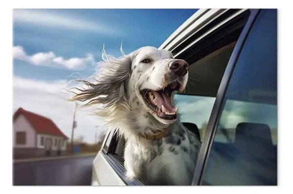 Quadro moderno AI cane setter inglese - viaggia in auto, orizzontale