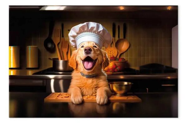 Quadro contemporaneo AI cane golden retriever - giocoso nel ruolo di cuoco - orizzontale