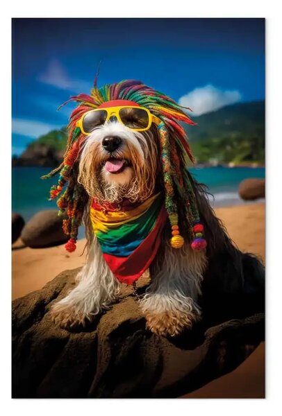 Quadro su tela AI cane bearded collie - rasta su spiaggia paradisiaca - verticale