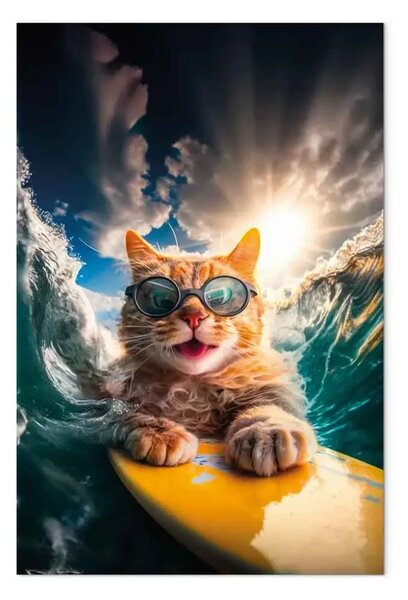 Quadro AI gatto - capelli rossi che fa surf in mare agitato - verticale