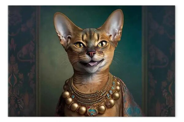 Quadro contemporaneo AI gatto abissino - con collana d'oro, orizzontale