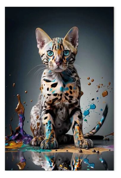 Quadro moderno AI gatto bengala - animale domestico in una pozza colorata che esplode