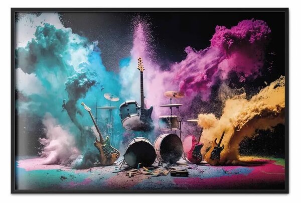 Poster: Strumenti esplosivi - una scena rock con batteria e chitarre