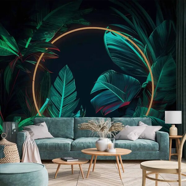 Carta da parati moderna Luce nella giungla - fogliame tropicale con cerchio dorato al neon