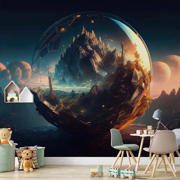 Carta da parati moderna Valle magica - paesaggio montano in una sfera di vetro con pianeti