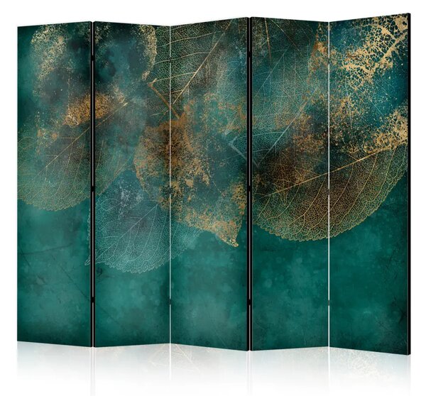 Paravento design Struttura delle foglie d'oro II - Motivo botanico su sfondo verde