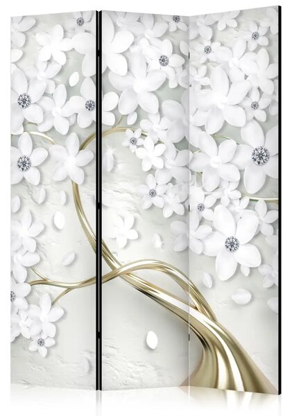 Paravento design L'albero dei ricordi - albero dorato astratto con fiori bianchi