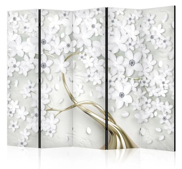 Paravento design L'albero dei ricordi II - albero dorato astratto con fiori bianchi