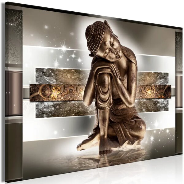 Buddha dormiente - statua di Buddha color bronzo su sfondo geometrico astratto