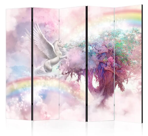 Paravento separè Unicorno e albero magico II - terra rosa e arcobaleno tra le nuvole