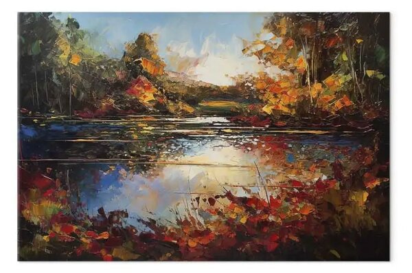 Quadro moderno Lago in autunno - paesaggio arancione e marrone ispirato a Monet