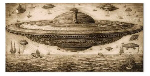 Quadro contemporaneo Nave Ufo - schizzo ispirato allo stile di Leonardo da Vinci