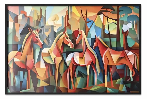 Poster: Cavalli cubisti - composizione geometrica generata dall'IA