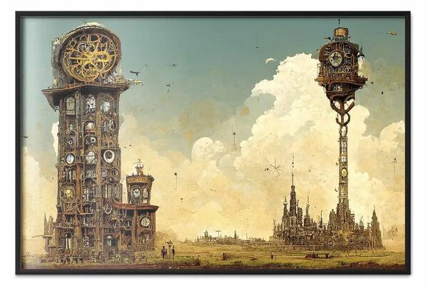 Poster: Orologi in una città deserta - composizione surreale in marrone