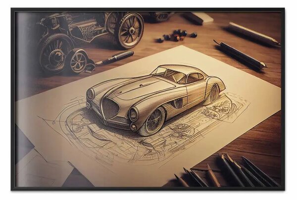 Poster: Schizzo di un'auto - disegno retrò di un'auto generato dall'IA